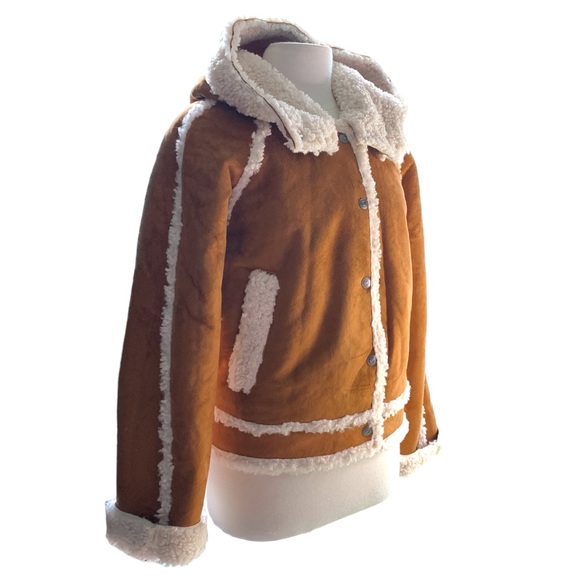 FREE PEOPLE VEGAN Leather Shearling SHERPA HOODED Jacket - Picture 12 of 13